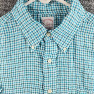 Brooks Brothers All Linen Light Blue Check Short Sleeve Button Up Shirt Large